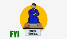 a cartoon drawing of a school principal sitting at his desk