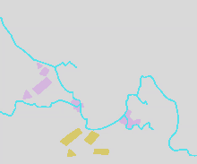 a drawing of a river with purple triangles and yellow rectangles