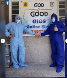 two people standing in front of a sign that says gics online shop