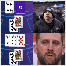 a man wearing a hat with the eagles logo on it looks at playing cards