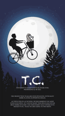 a poster for t.c. shows a man riding a bike with a penguin in the basket