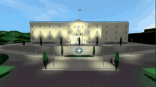 a computer generated image of a large building with a green cross on the front .