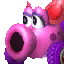 a pink and purple cartoon character with big eyes and a purple tractor .