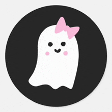 a ghost with a pink bow on its head is in a black circle .