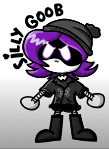 a cartoon drawing of a girl with purple hair and the words " silly goob " above her