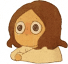 a cartoon drawing of a girl with big eyes and long brown hair .