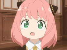 a girl with pink hair and green eyes is wearing a white shirt and tie