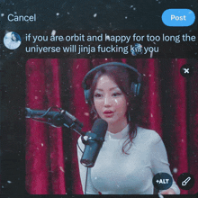 a screen shot of a woman wearing headphones and a microphone with a caption that says cancel if you are orbit