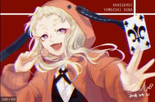 a drawing of kakegurui yomozuki runa with a playing card in her hand