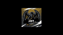 a black and gold logo for prx with a dragon and lightning