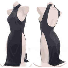 a black dress with a halter neckline and high slits on a mannequin .