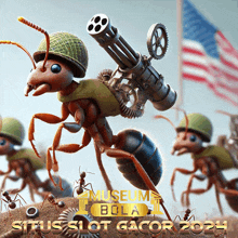 an advertisement for museum bola bola gacor shows a cartoon ant holding a gun