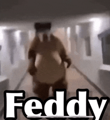 a cartoon character is walking down a hallway with the word feddy written on the bottom