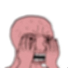 a pink cartoon character is covering his face with his hands and making a funny face .