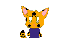 a cartoon drawing of a cat with green eyes and a purple shirt