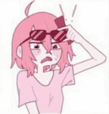 a cartoon girl with pink hair and sunglasses is holding a cell phone to her forehead .