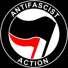 a black and white logo for antifascist action with a red flag