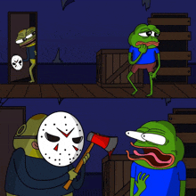 a cartoon of a frog wearing a jason mask