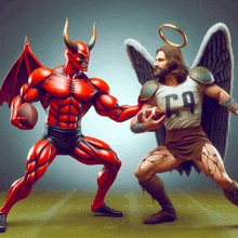 a devil is holding a football next to an angel who is wearing a ca shirt