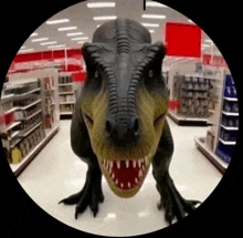 a toy dinosaur in a store with a red sign in the background that says target