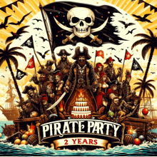 a poster for a pirate party with a pirate holding a sword