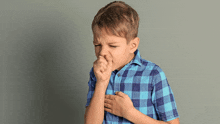 a young boy in a blue plaid shirt is coughing into his hand