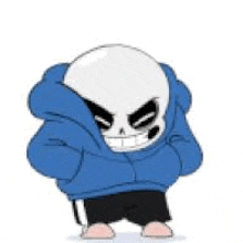 a cartoon drawing of sans from undertale wearing a blue jacket and black shorts .