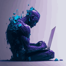 a purple statue of a man using a laptop