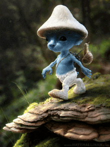 a smurf with a snail on his back is standing on a mushroom by natehallinan.com