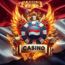 a poster for a museum bola casino with flames surrounding a poker chip