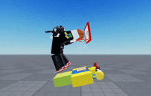 a basketball is going through a basketball hoop with a person holding a gun behind it