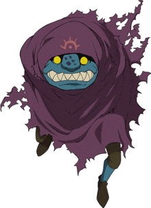 a cartoon drawing of a monster with a purple cape and yellow eyes