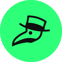 a green circle with a black icon of a bird wearing a hat