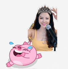 a sticker of a woman wearing a tiara next to a pig