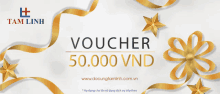 a voucher for 50.00 vnd is surrounded by gold stars and ribbons