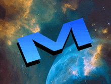 a blue letter m in front of a galaxy