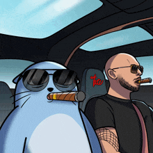 a cartoon of a man smoking a cigar and a cat wearing sunglasses with the letter t on the back seat