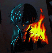 it is a drawing of todoroki holding a fireball in his hand .