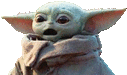 the baby yoda from star wars is wearing a scarf around his neck and looking at the camera .