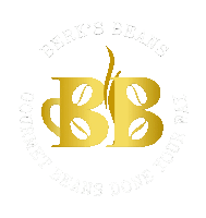 a logo for berk 's beans with a cup of coffee