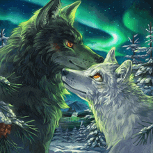 a painting of two wolves looking at each other with the aurora borealis behind them