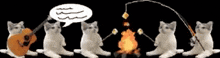 a group of cats are sitting around a campfire and playing guitars .