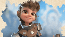 a cartoon girl wearing armor is smiling and holding a coin