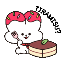 a cartoon character holding a fork next to a piece of cake with the word tiramisu written around it