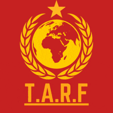 a red and yellow logo for t.a.r.f. with a globe and laurel wreath