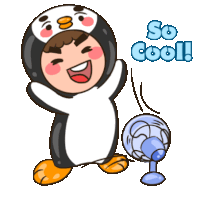 a cartoon of a boy dressed in a penguin costume holding a fan and saying so cool