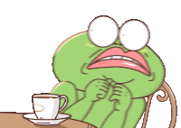 a green frog is sitting at a table with a cup of coffee on a saucer