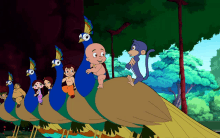 a group of cartoon characters are riding peacocks and a monkey is standing next to them