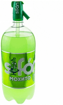 a bottle of soda with a green cap and a green siphon .