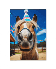 a brown and white horse wearing a party hat